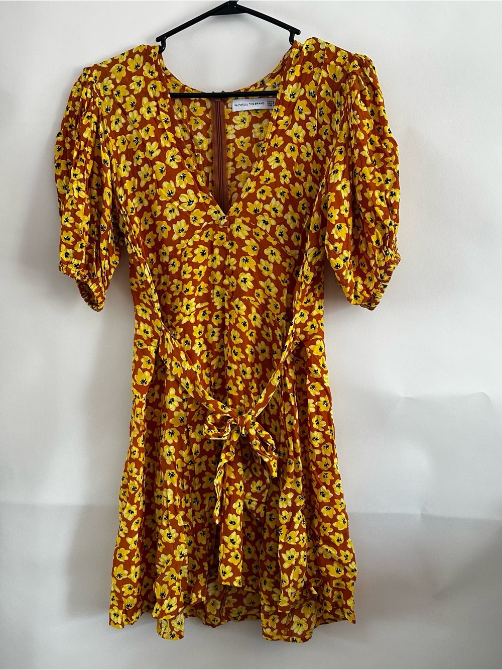 Faithfull the Brand Yellow Floral Wrap Mini Dress, Size L